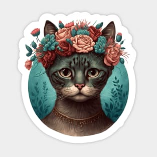 Frida Cathlo Cat with Flowers on their Head Sticker